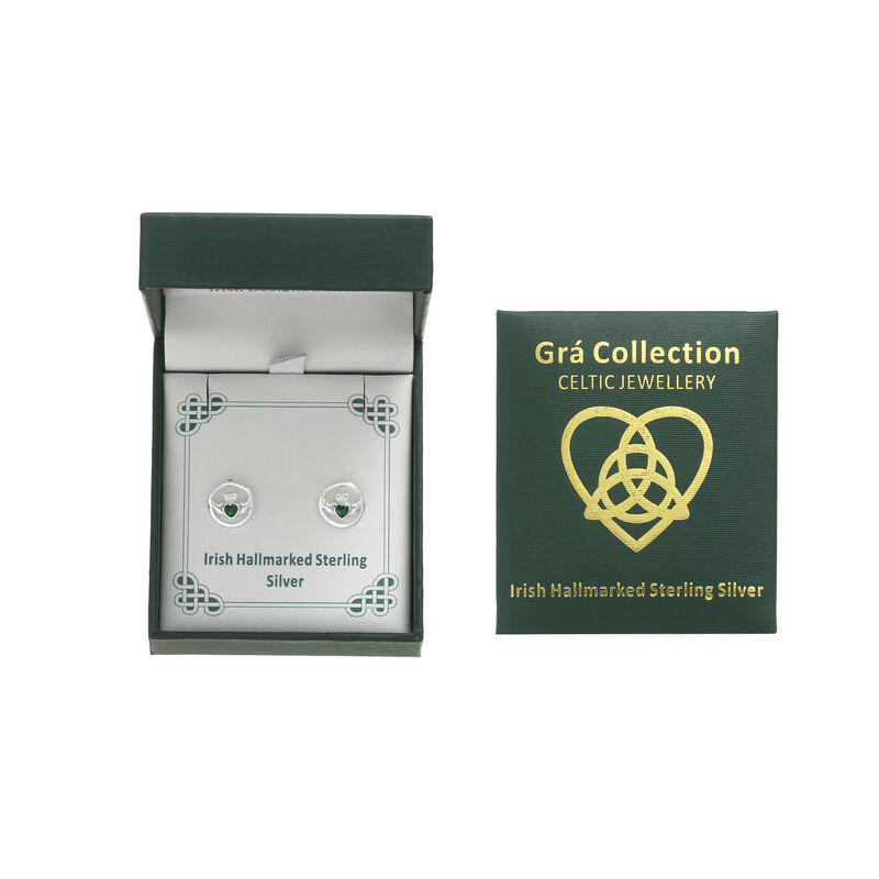 Grá Collection Round Claddagh With Stone Earrings Sterling Silver
